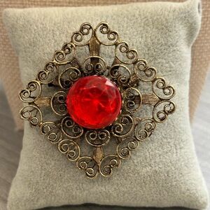 Vintage Gold Tone Filigree Brooch Red Faceted Stone Statement Pin